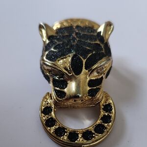 Panther gold tone/black enamel/rhinestone eyes door knocker vintage brooch